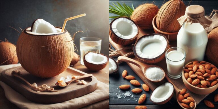 Comparison of coconut milk vs almond milk glasses in a dairy-free diet context