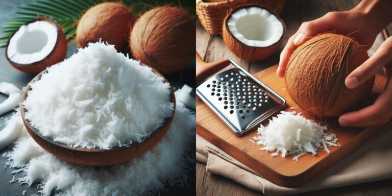 Desiccated coconut in a bowl with ingredients for baking and cooking