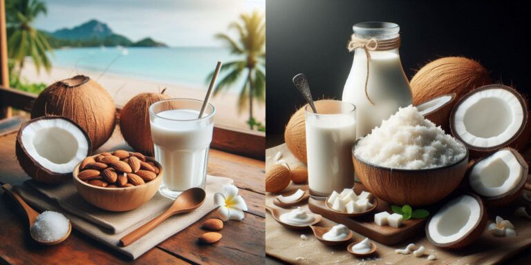 Comparison of coconut milk vs almond milk in glasses with ingredients