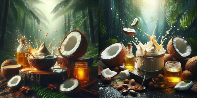 Jars of coconut butter and coconut oil with nutritional labels