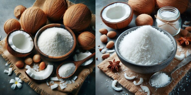 Desiccated Coconut: A close-up of desiccated coconut flakes with fresh coconuts, highlighting its nutritional facts.