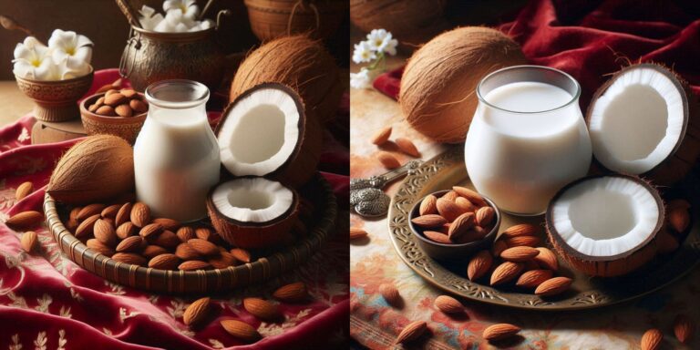 A comparison of coconut milk vs almond milk with ingredients like coconuts and almonds in the background.