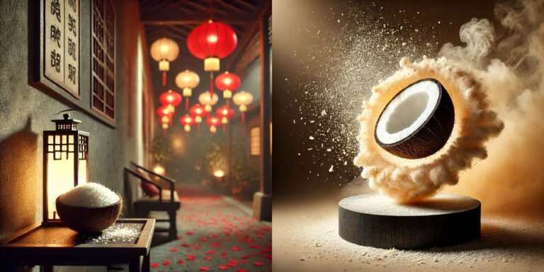 Desiccated coconut powder on a wooden surface, showcasing its texture and health benefits.