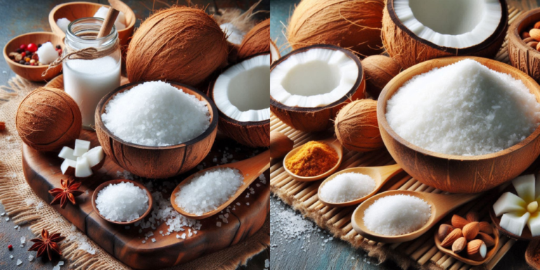 what is Desiccated coconut in a bowl with grated texture, perfect for cooking and baking